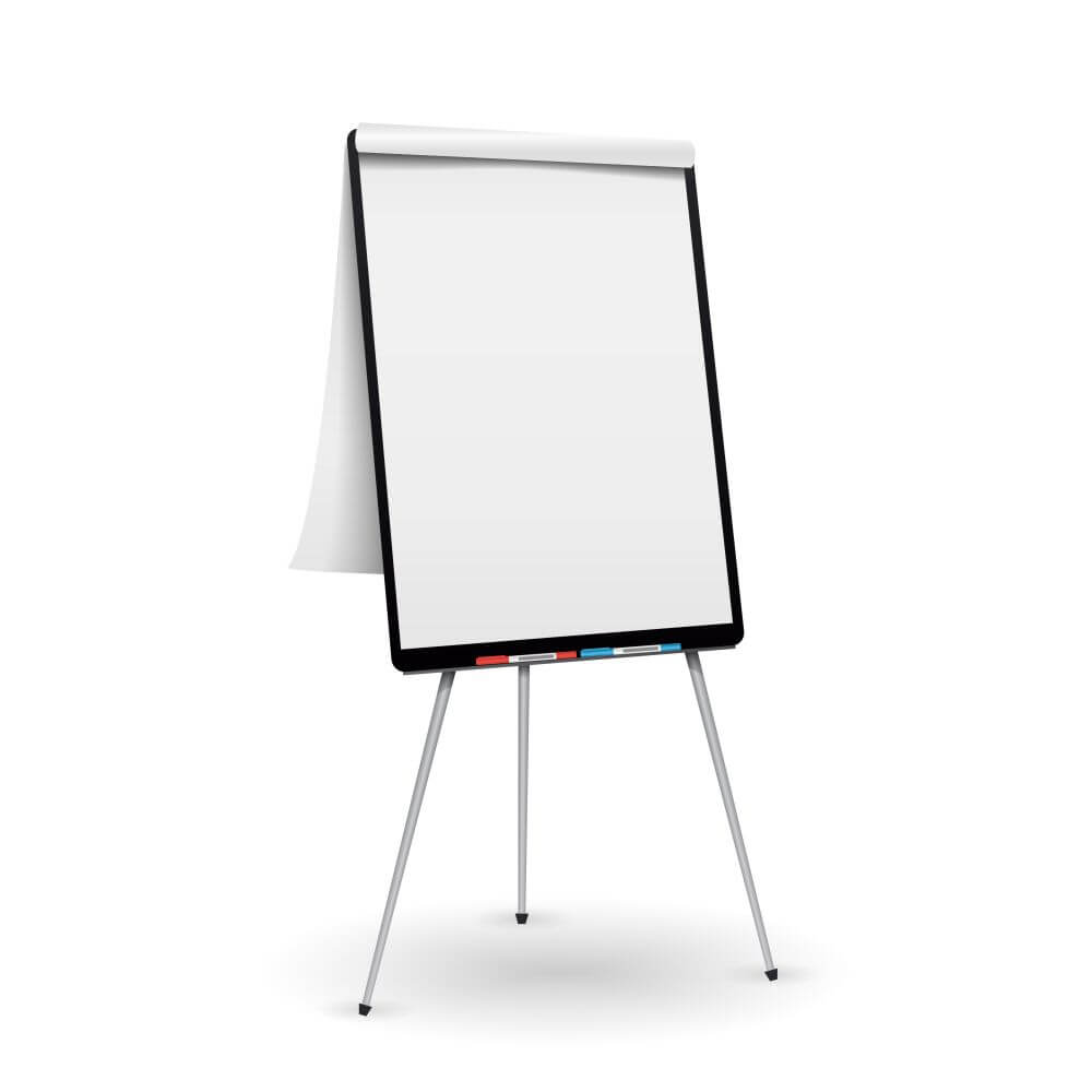 Ein Flipchart in einem modernen Seminarraum, ideal für Seminare und Workshops in den Glarner Bergen.