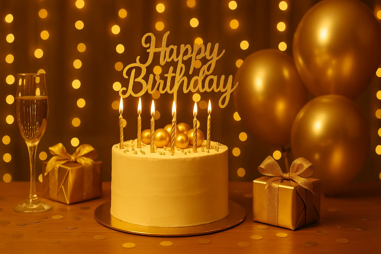 Symbolisches Geburtstagsbild mit goldener Dekoration, festlicher Torte mit Kerzen, Champagnerglas, Geschenken und Ballons im warmen Licht – elegante Feieratmosphäre mit luxuriösem Glanz.