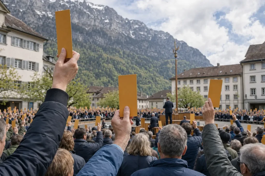 Glarner Landsgemeinde: Stimmberechtigte heben die Hand zur offenen Abstimmung unter freiem Himmel